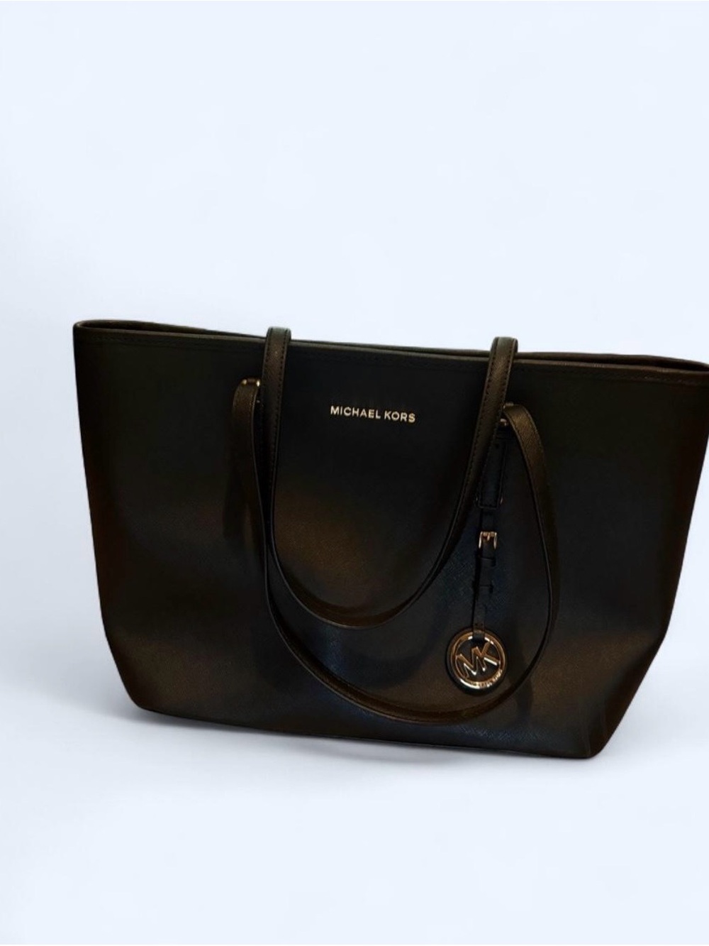 Michael Kors Black Leather Tote with Logo Charm